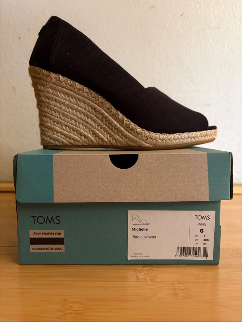 Toms Michelle Black Canvas Espadrille Wedge Heel